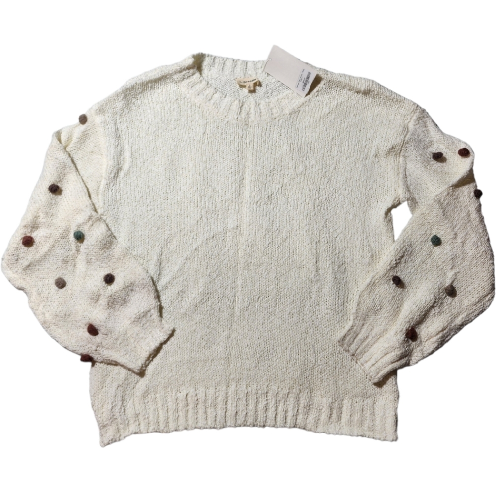 Eesome Polka Dot Pom Pom Sleeve Crewneck Sweater